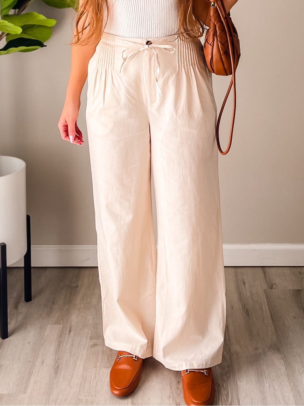 Cream High-Waist Wide Leg Drawstring Pants